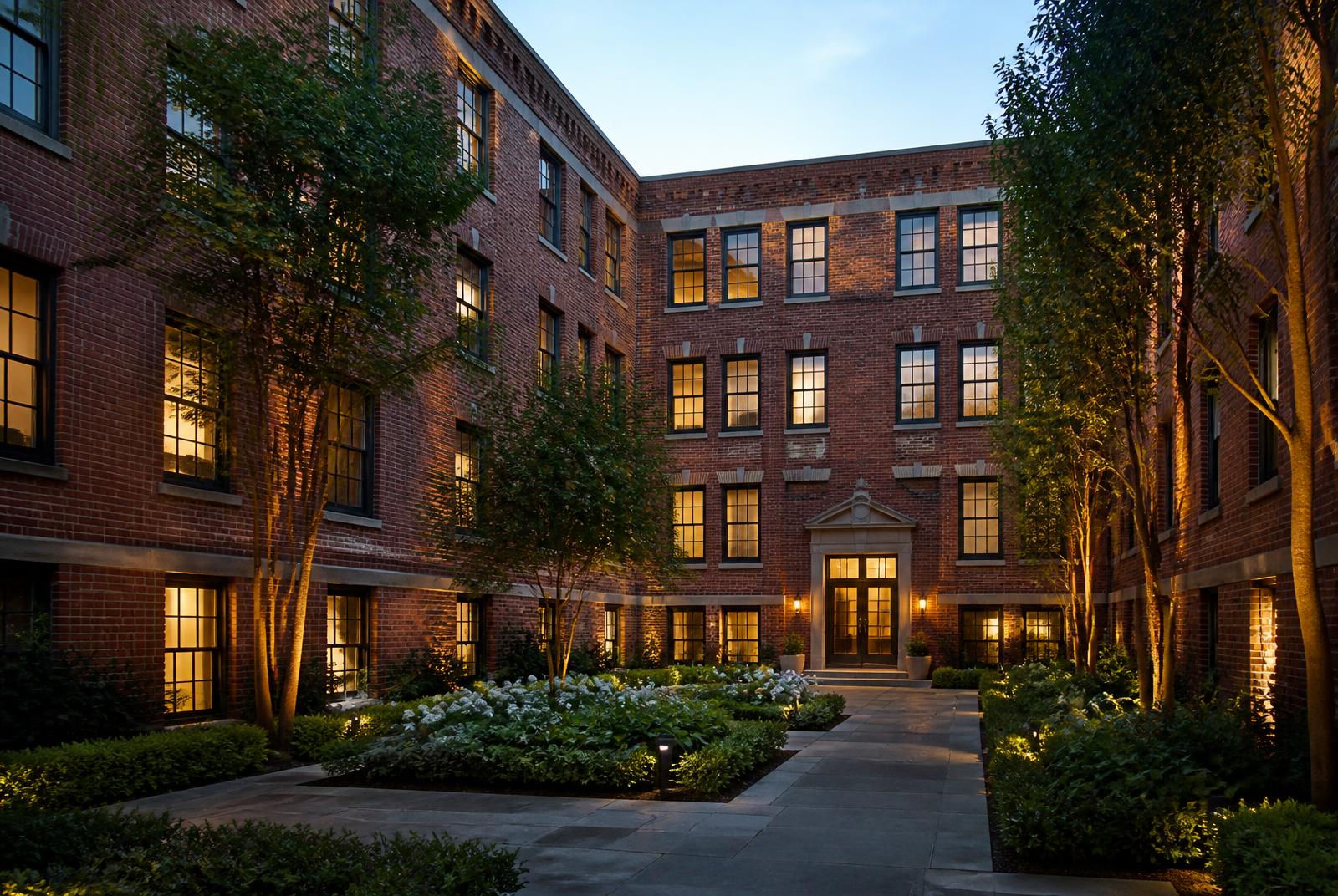 Brick and limestone facade of a historic Denver multifamily building