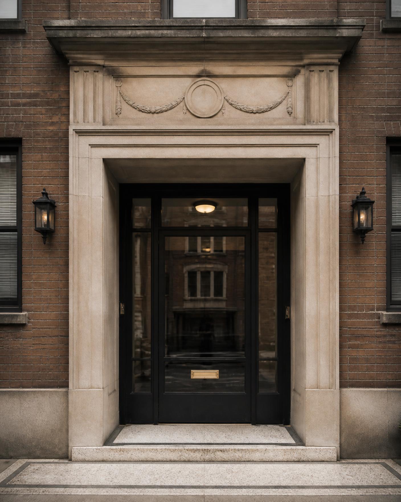 Original stone entrance of a 1940s brick apartment building with terrazzo threshold
