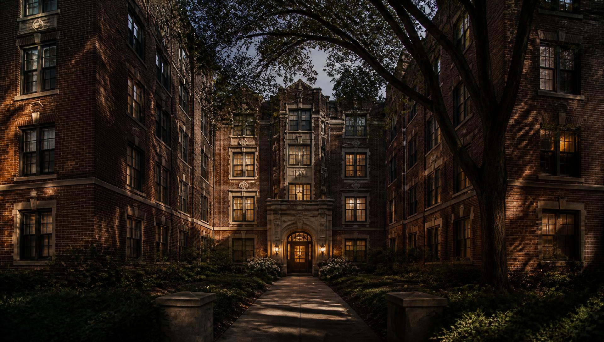 Courtyard of a historic brick multifamily building at dusk